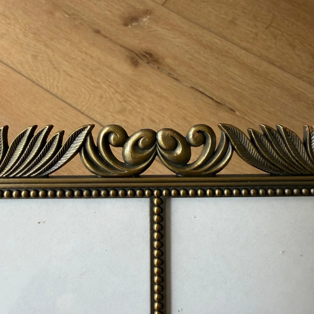 Vintage Ornate Brass Metal Double Picture Frame Heart Scrollwork 3x4.5